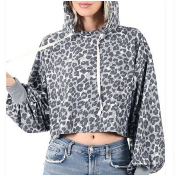 ZENANA FRENCH TERRY GRAY LEOPARD PRINT DROP SHOULDER DRAWSTRING CROP HOODIE SZ.L - Picture 2 of 4